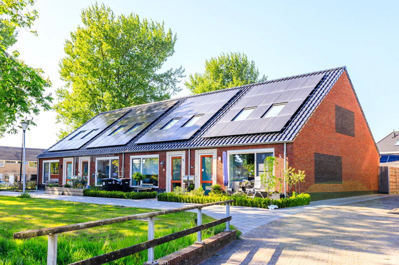 Rij Nederlandse woningen met zonnepanelen op het dak