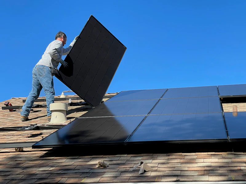 Installateur legt een zonnepaneel op een schuin dak