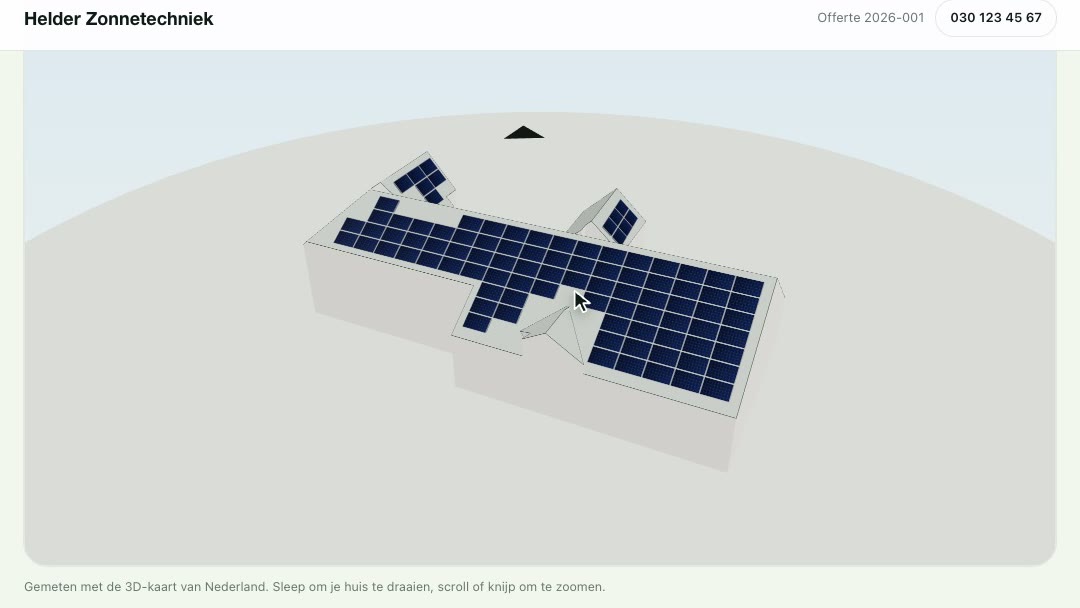 Klantpagina van een offerte met het eigen dak in 3D en de panelen erop
